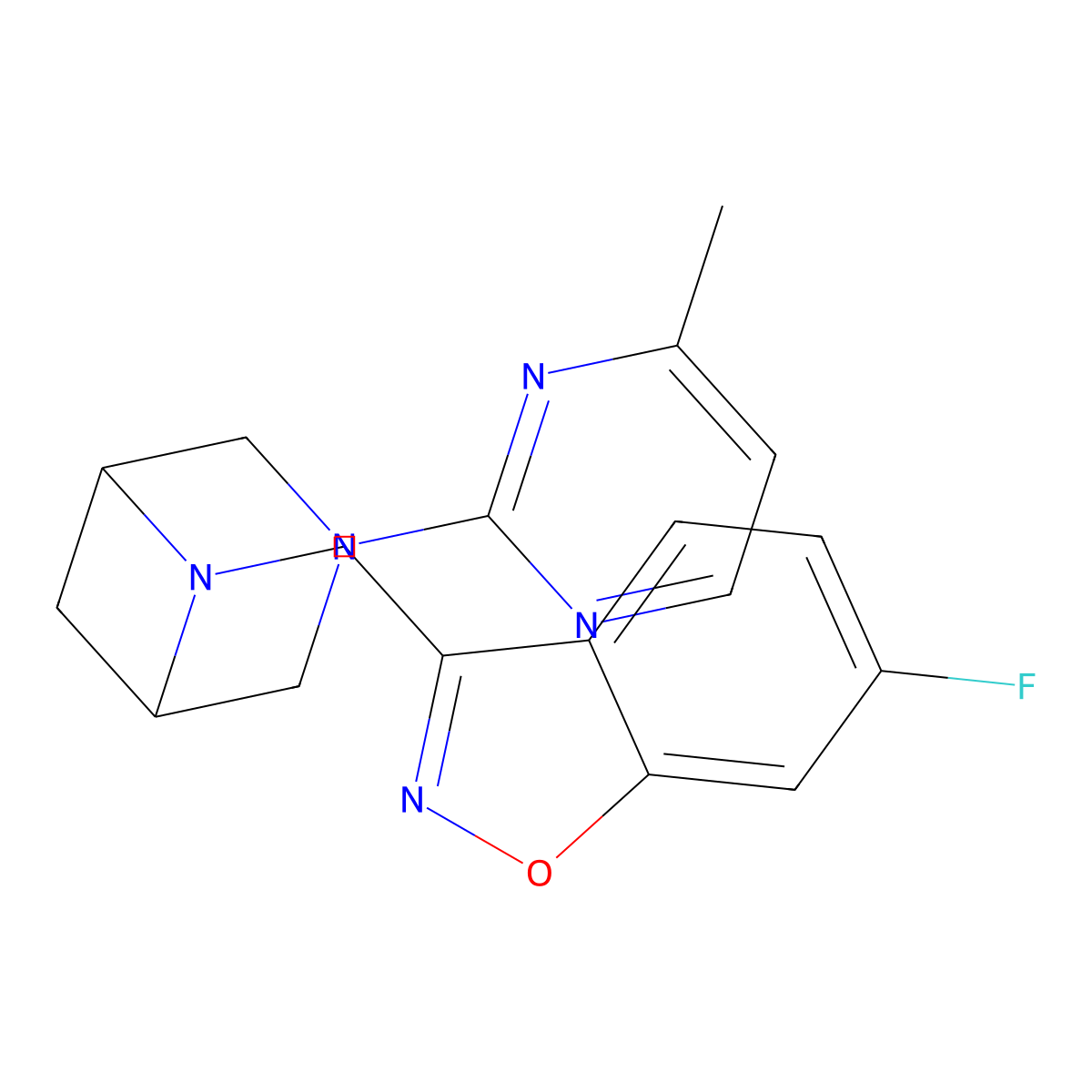 6-Fluoro-3-{[3-(4-methylpyrimidin-2-yl)-3,6-diazabicyclo[3.1.1]heptan-6-yl]methyl}-1,2-benzoxazole molecular structure, CAS 3054550-90-9
