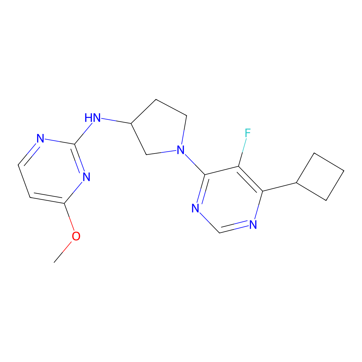 N-[1-(6-cyclobutyl-5-fluoropyrimidin-4-yl)pyrrolidin-3-yl]-4-methoxypyrimidin-2-amine molecular structure, CAS 3054550-97-6