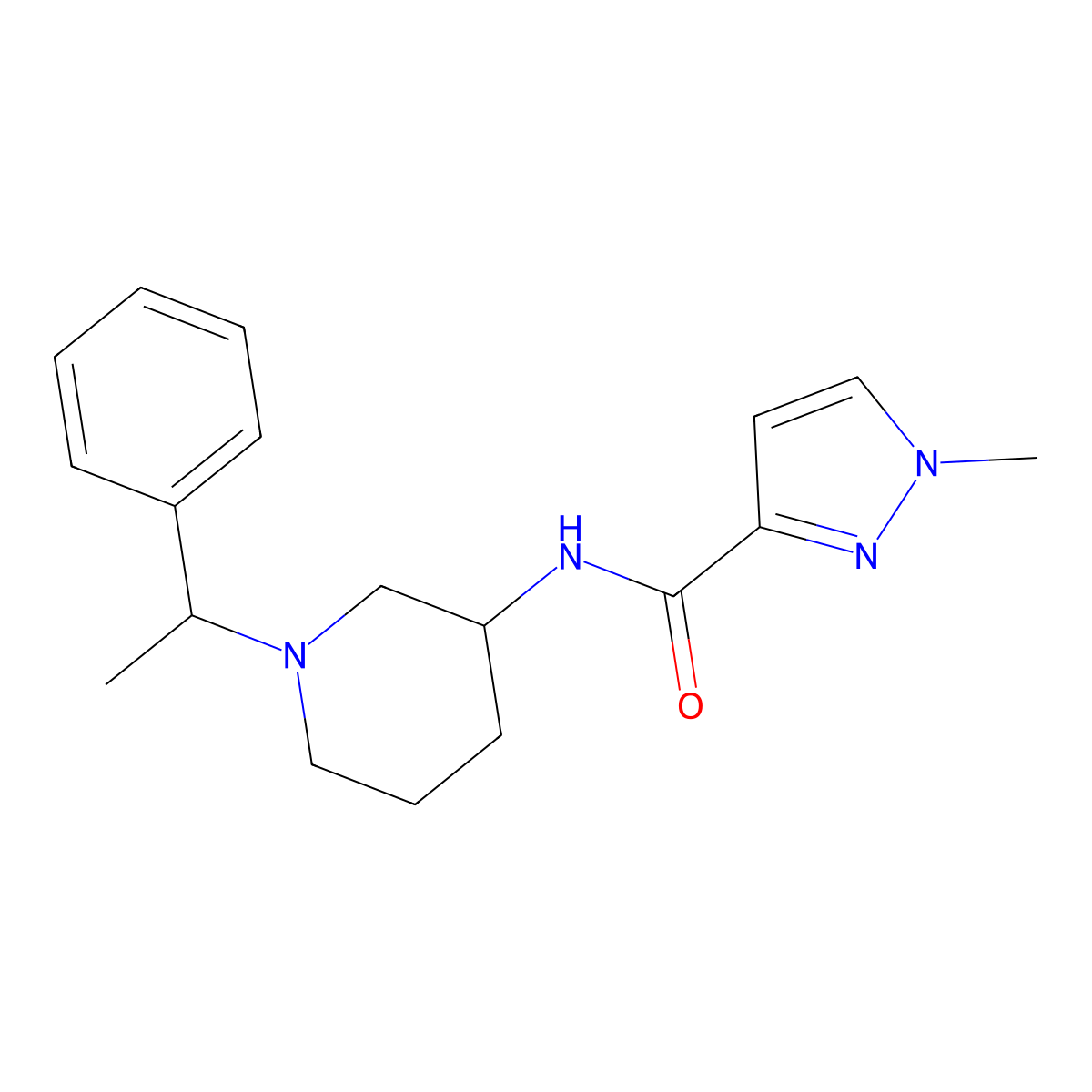 1-methyl-N-[1-(1-phenylethyl)piperidin-3-yl]-1H-pyrazole-3-carboxamide molecular structure, CAS 3054550-99-8