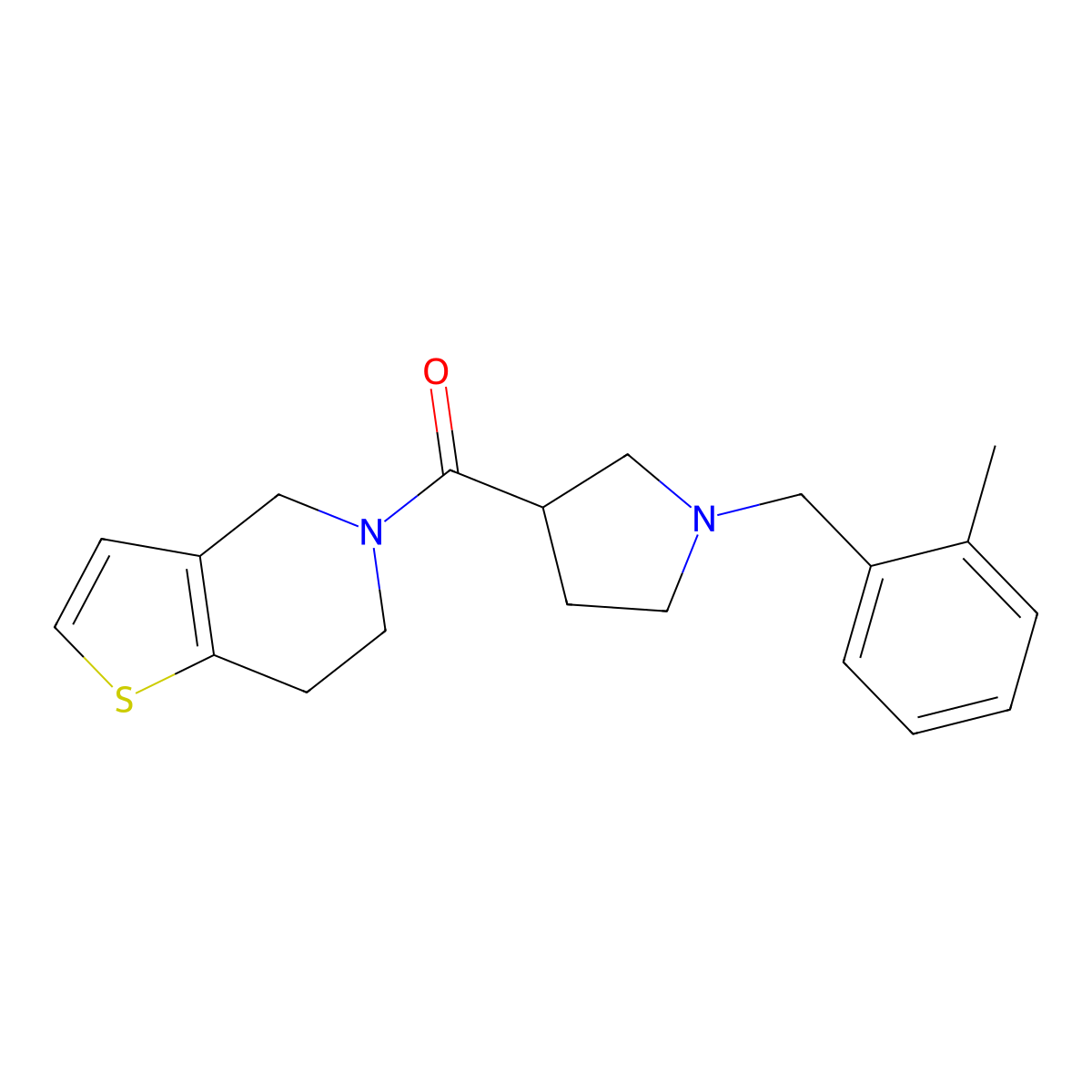 1-[(2-methylphenyl)methyl]-3-{4H,5H,6H,7H-thieno[3,2-c]pyridine-5-carbonyl}pyrrolidine molecular structure, CAS 3054551-00-4
