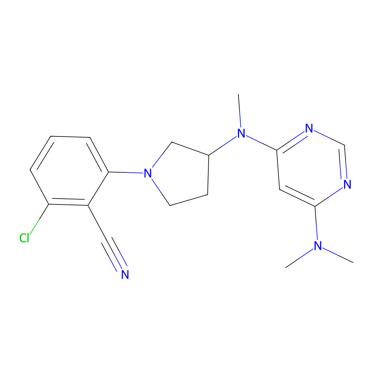 2-Chloro-6-(3-{[6-(dimethylamino)pyrimidin-4-yl](methyl)amino}pyrrolidin-1-yl)benzonitrile molecular structure, CAS 3054551-04-8