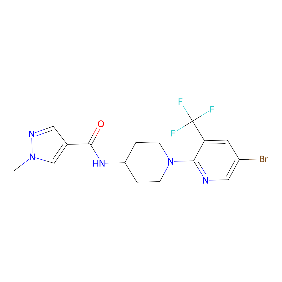 N-{1-[5-bromo-3-(trifluoromethyl)pyridin-2-yl]piperidin-4-yl}-1-methyl-1H-pyrazole-4-carboxamide molecular structure, CAS 3054551-07-1