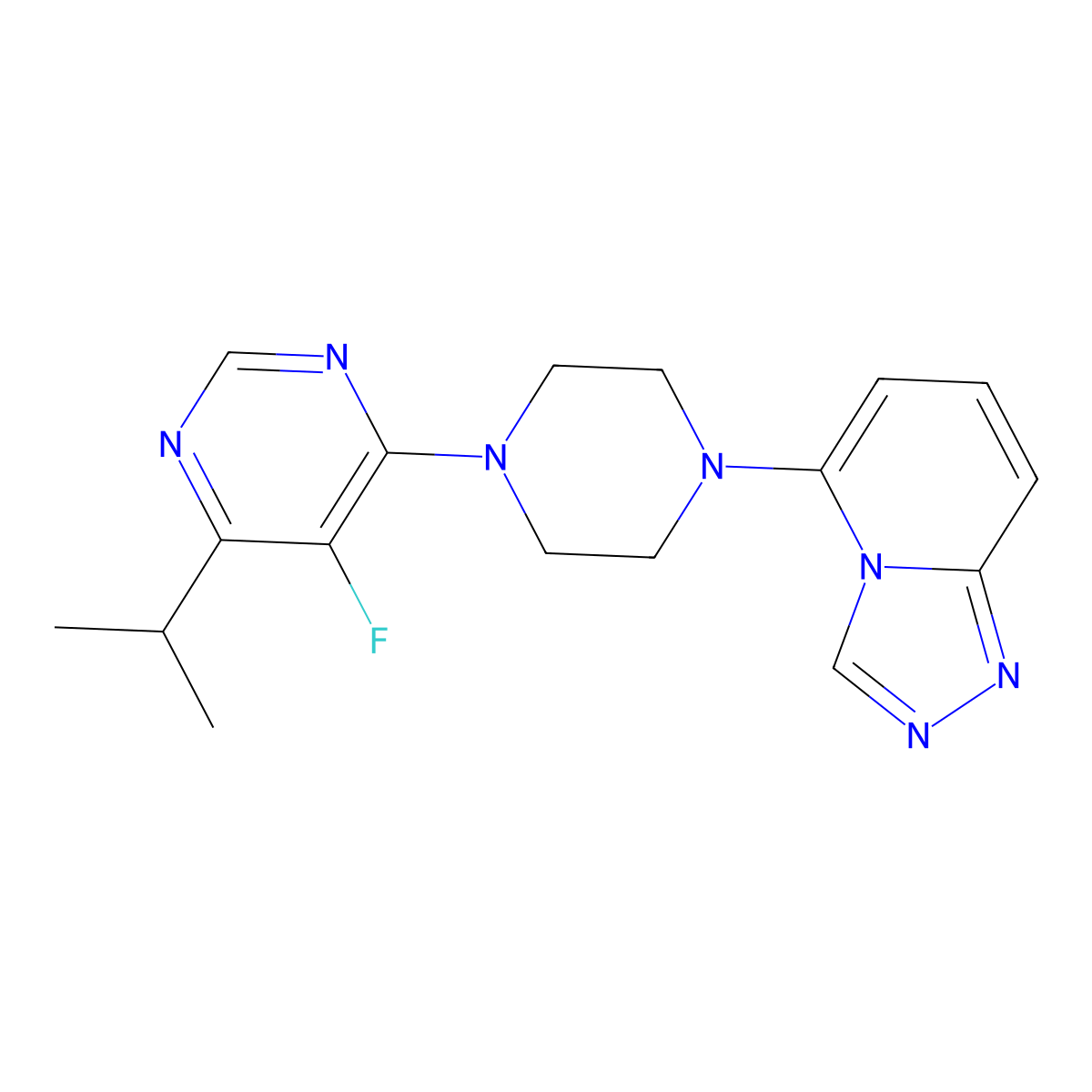 5-Fluoro-4-(propan-2-yl)-6-(4-{[1,2,4]triazolo[4,3-a]pyridin-5-yl}piperazin-1-yl)pyrimidine molecular structure, CAS 3054551-09-3