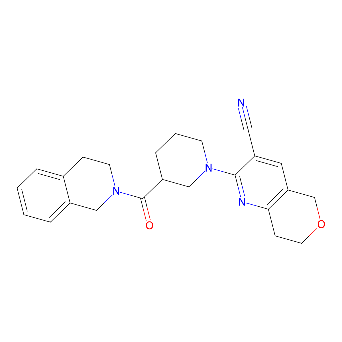 2-[3-(1,2,3,4-tetrahydroisoquinoline-2-carbonyl)piperidin-1-yl]-5H,7H,8H-pyrano[4,3-b]pyridine-3-carbonitrile molecular structure, CAS 3054551-15-1