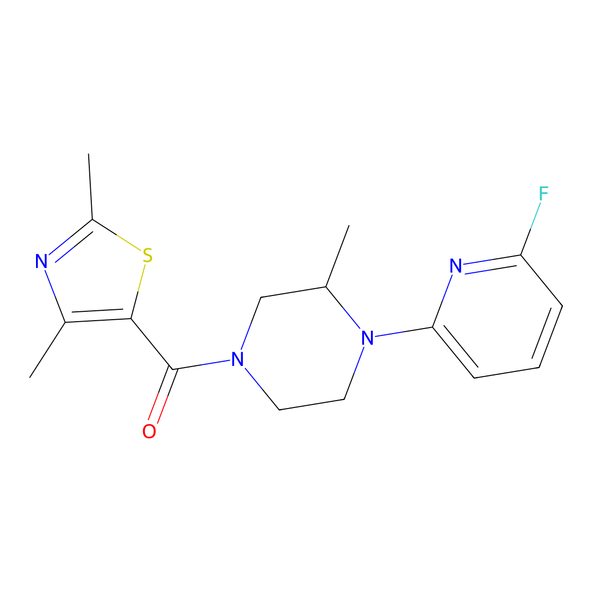 4-(2,4-Dimethyl-1,3-thiazole-5-carbonyl)-1-(6-fluoropyridin-2-yl)-2-methylpiperazine molecular structure, CAS 3054551-17-3