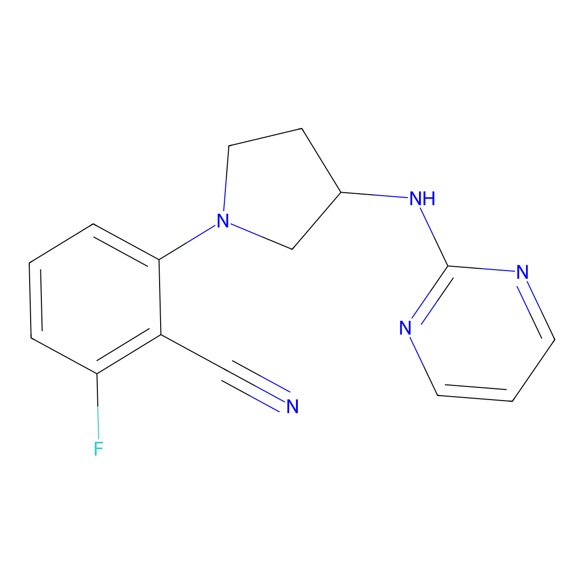 2-Fluoro-6-[3-(pyrimidin-2-ylamino)pyrrolidin-1-yl]benzonitrile molecular structure, CAS 3054551-19-5