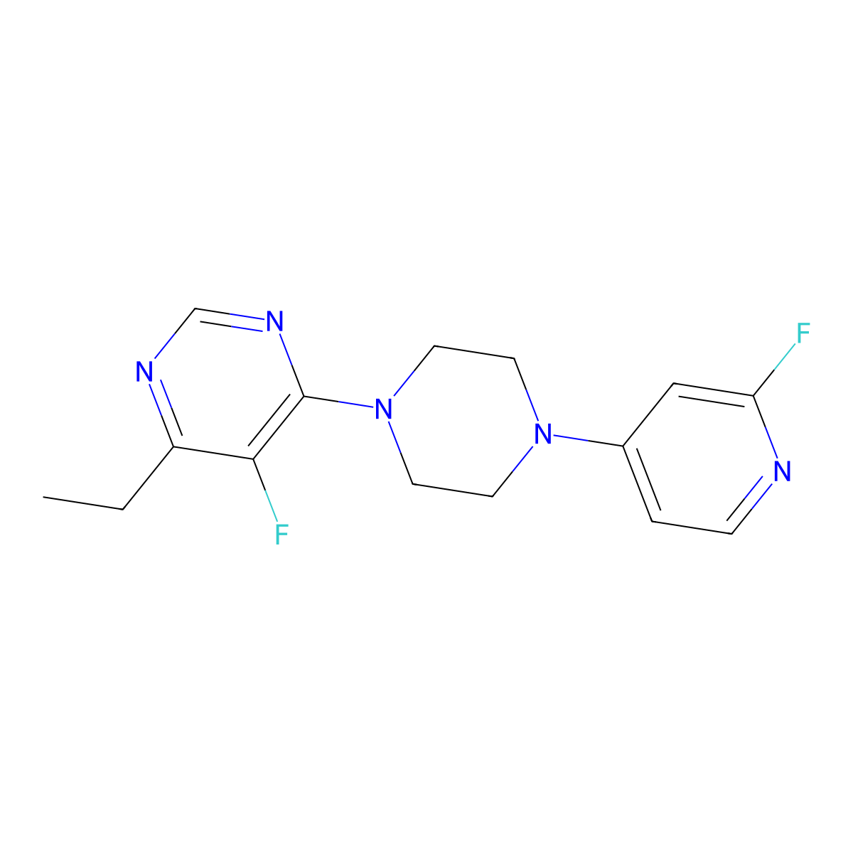 4-Ethyl-5-fluoro-6-[4-(2-fluoropyridin-4-yl)piperazin-1-yl]pyrimidine molecular structure, CAS 3054551-22-0