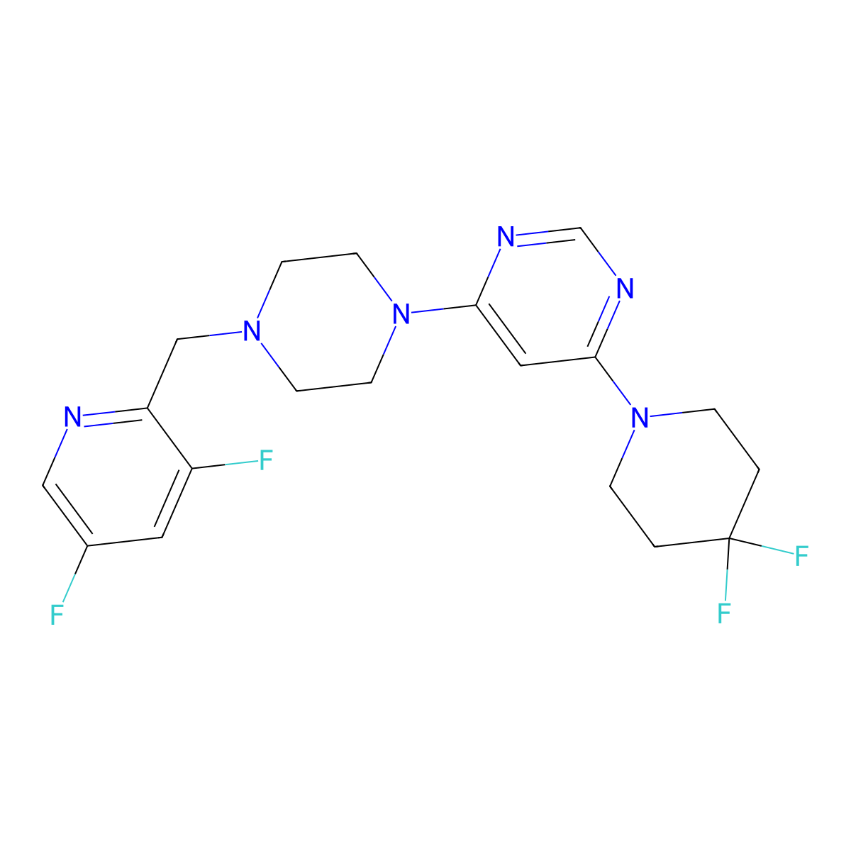 4-(4,4-Difluoropiperidin-1-yl)-6-{4-[(3,5-difluoropyridin-2-yl)methyl]piperazin-1-yl}pyrimidine molecular structure, CAS 3054551-23-1