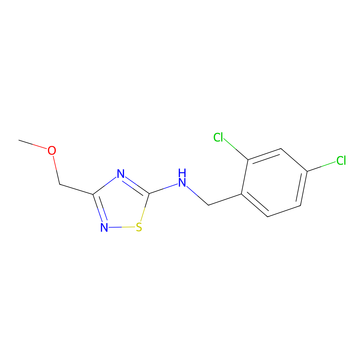 N-[(2,4-dichlorophenyl)methyl]-3-(methoxymethyl)-1,2,4-thiadiazol-5-amine molecular structure, CAS 3054551-28-6