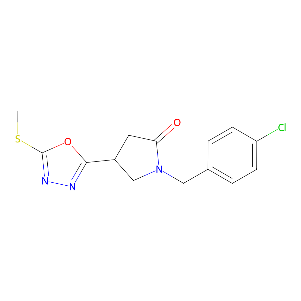 1-[(4-Chlorophenyl)methyl]-4-[5-(methylsulfanyl)-1,3,4-oxadiazol-2-yl]pyrrolidin-2-one molecular structure, CAS 3054551-31-1