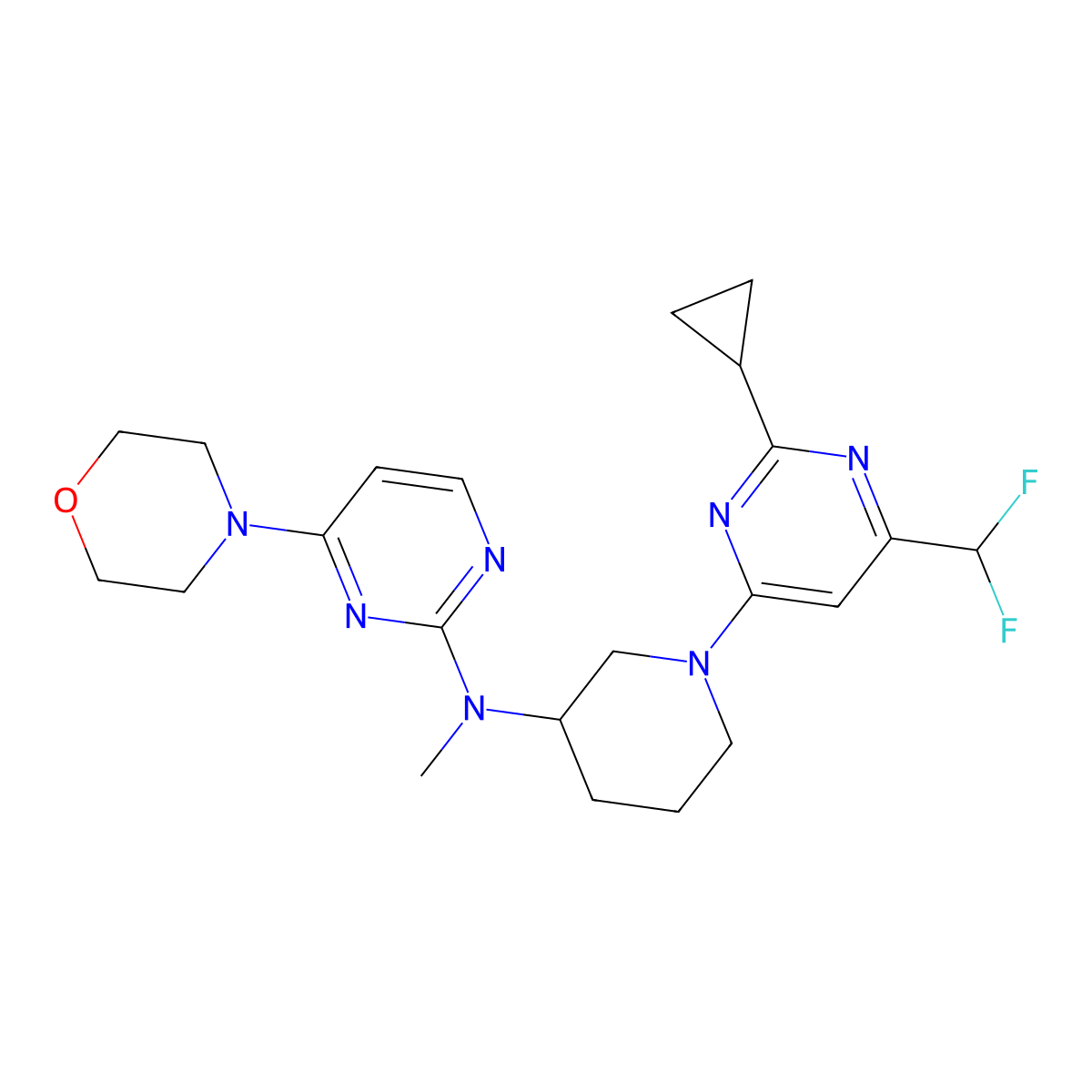 N-{1-[2-cyclopropyl-6-(difluoromethyl)pyrimidin-4-yl]piperidin-3-yl}-N-methyl-4-(morpholin-4-yl)pyrimidin-2-amine molecular structure, CAS 3054551-32-2