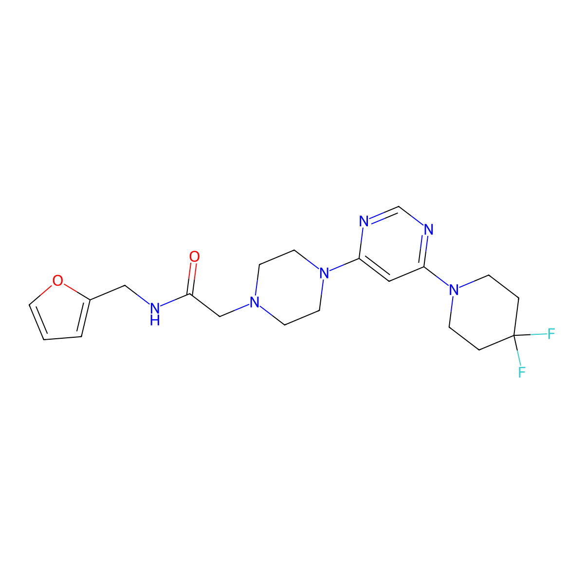 2-{4-[6-(4,4-difluoropiperidin-1-yl)pyrimidin-4-yl]piperazin-1-yl}-N-[(furan-2-yl)methyl]acetamide molecular structure, CAS 3054551-39-9