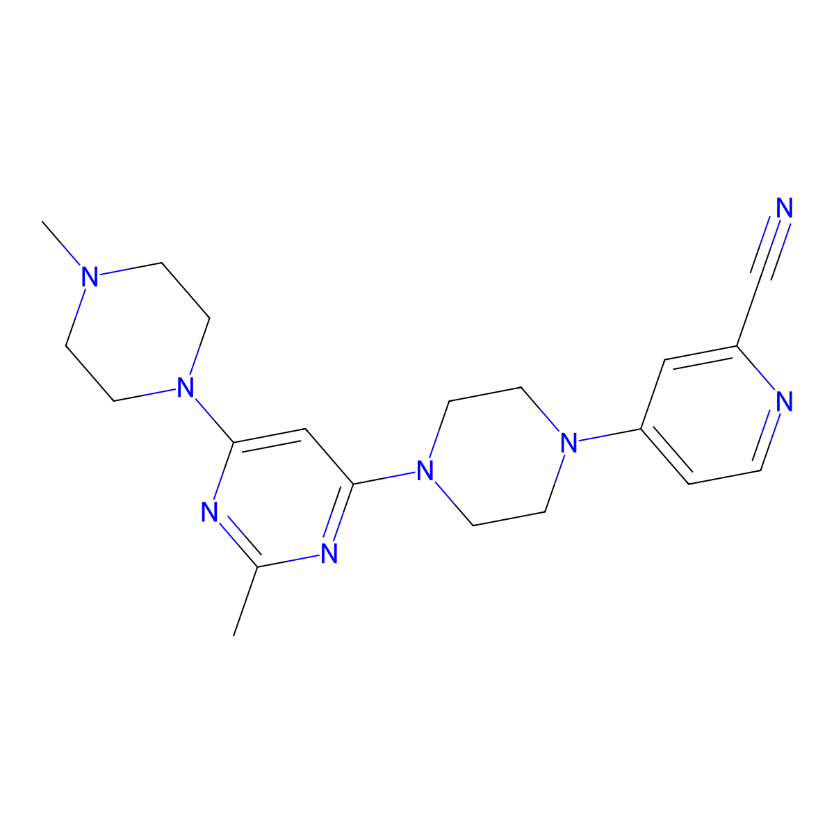4-{4-[2-Methyl-6-(4-methylpiperazin-1-yl)pyrimidin-4-yl]piperazin-1-yl}pyridine-2-carbonitrile molecular structure, CAS 3054551-48-0