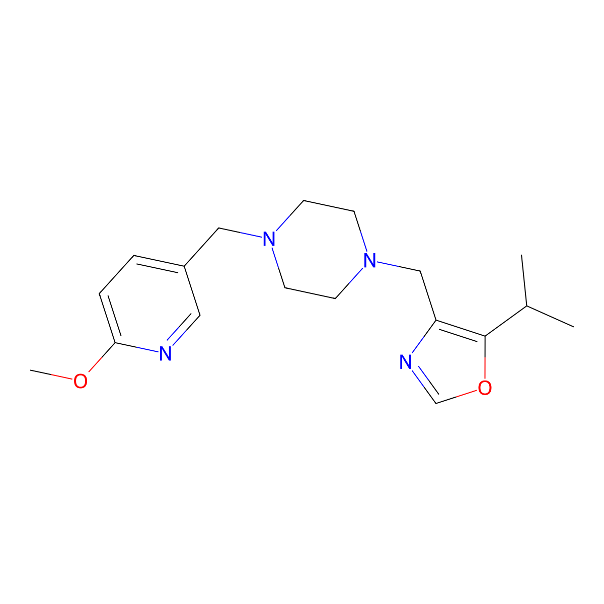 1-[(6-Methoxypyridin-3-yl)methyl]-4-{[5-(propan-2-yl)-1,3-oxazol-4-yl]methyl}piperazine molecular structure, CAS 3054551-62-8