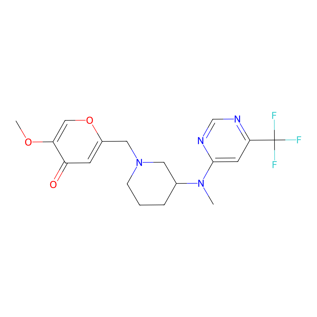 5-methoxy-2-[(3-{methyl[6-(trifluoromethyl)pyrimidin-4-yl]amino}piperidin-1-yl)methyl]-4H-pyran-4-one molecular structure, CAS 3054551-63-9