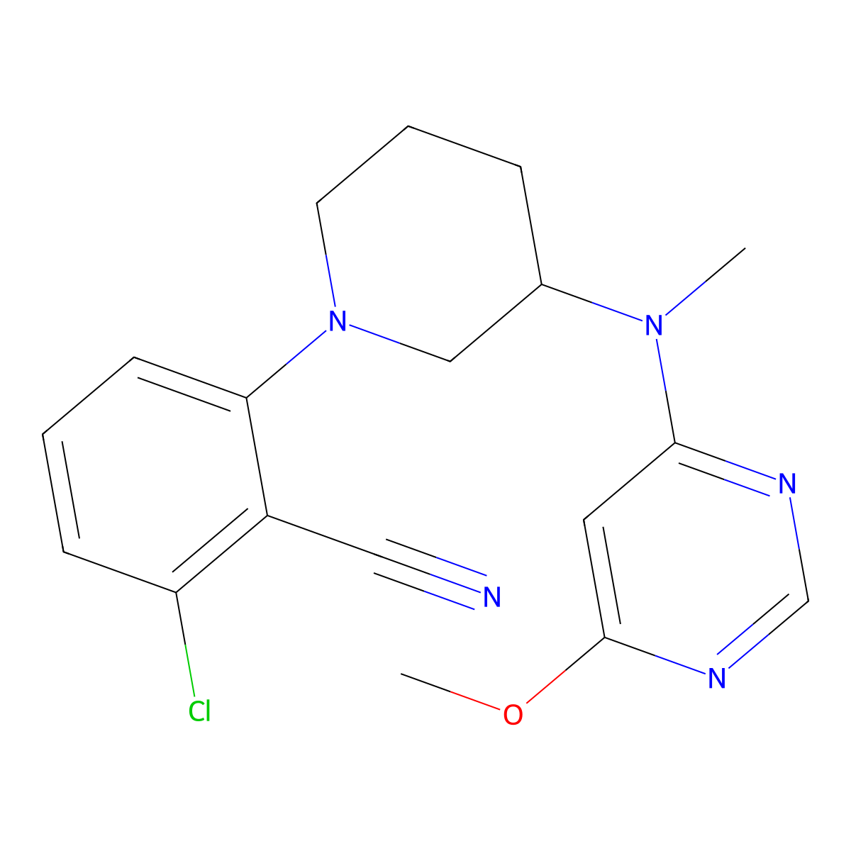 2-Chloro-6-[3-[(6-methoxypyrimidin-4-yl)-methylamino]piperidin-1-yl]benzonitrile molecular structure, CAS 3054551-70-8