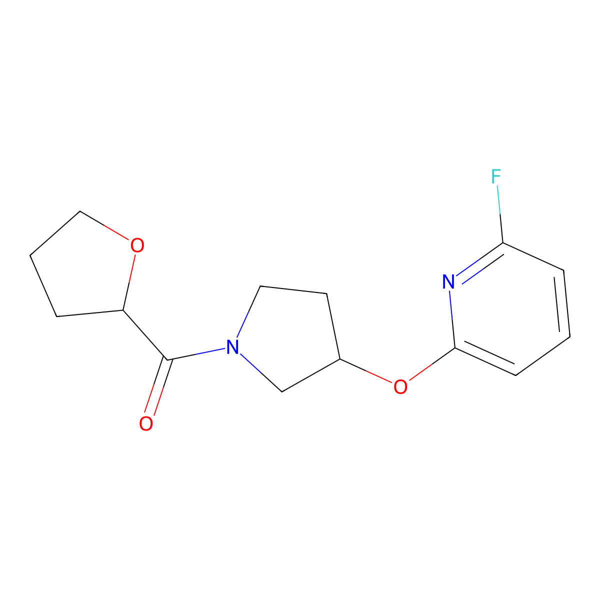 2-Fluoro-6-{[1-(oxolane-2-carbonyl)pyrrolidin-3-yl]oxy}pyridine molecular structure, CAS 3054551-72-0