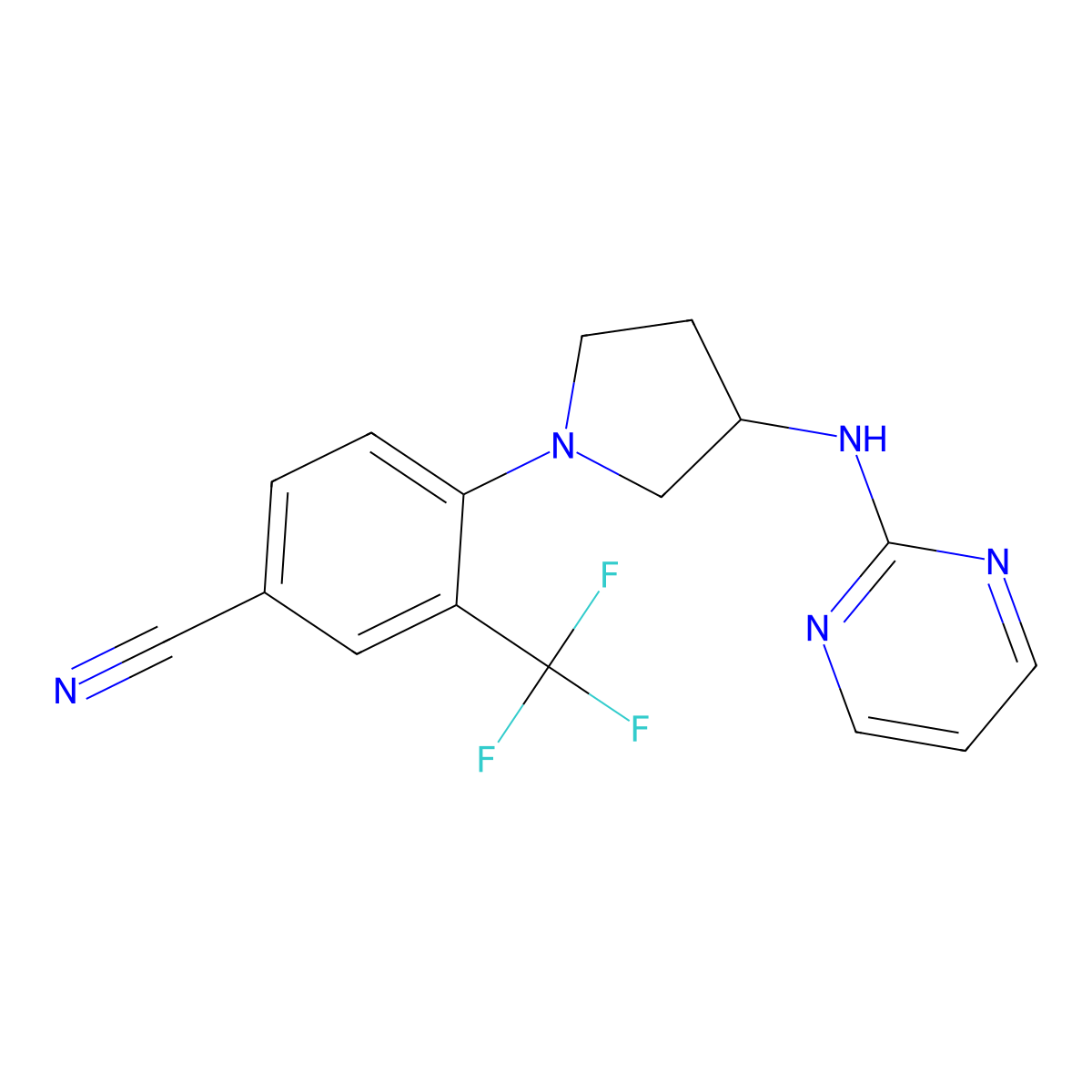 4-{3-[(Pyrimidin-2-yl)amino]pyrrolidin-1-yl}-3-(trifluoromethyl)benzonitrile molecular structure, CAS 3054551-82-2