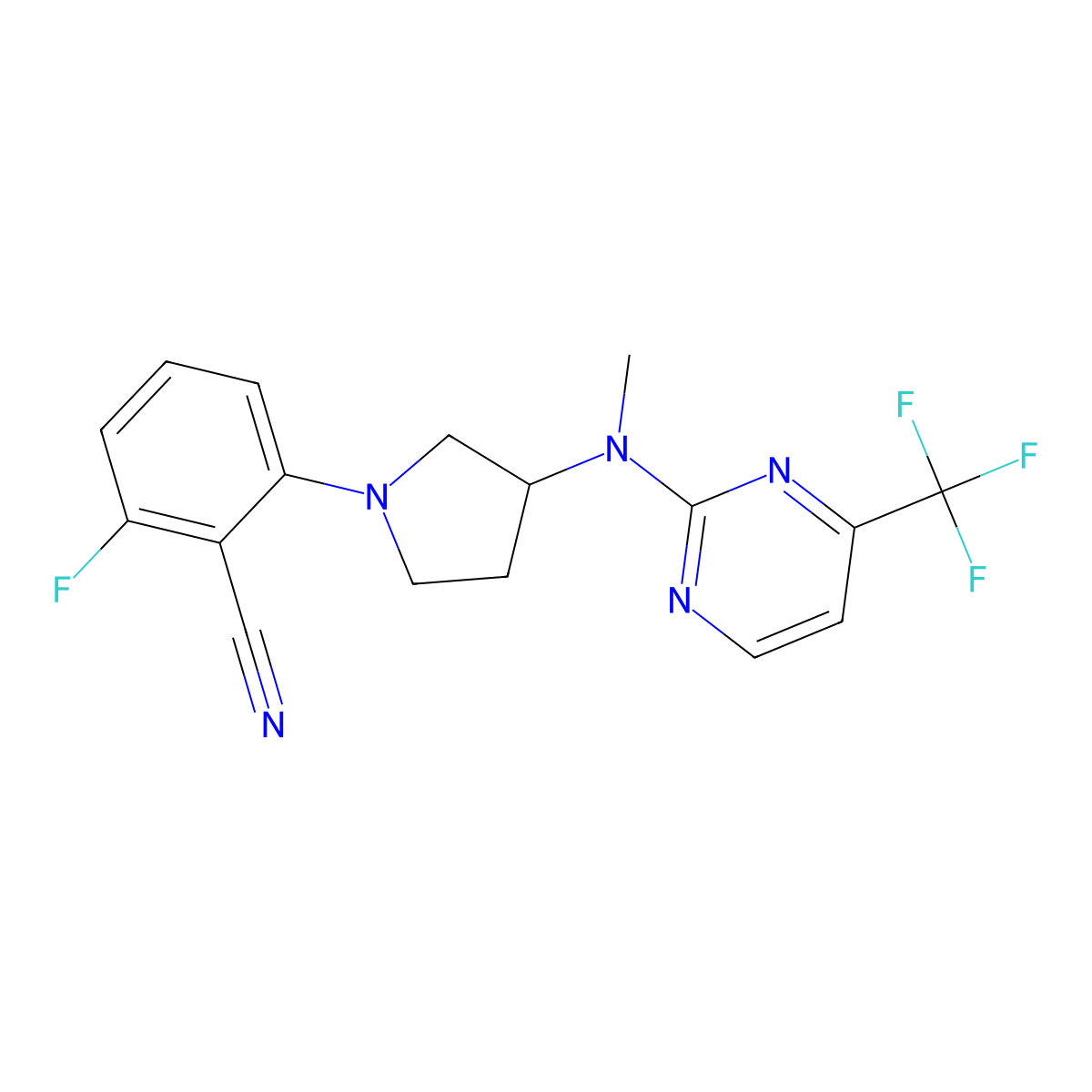 2-Fluoro-6-(3-{methyl[4-(trifluoromethyl)pyrimidin-2-yl]amino}pyrrolidin-1-yl)benzonitrile molecular structure, CAS 3054551-90-2