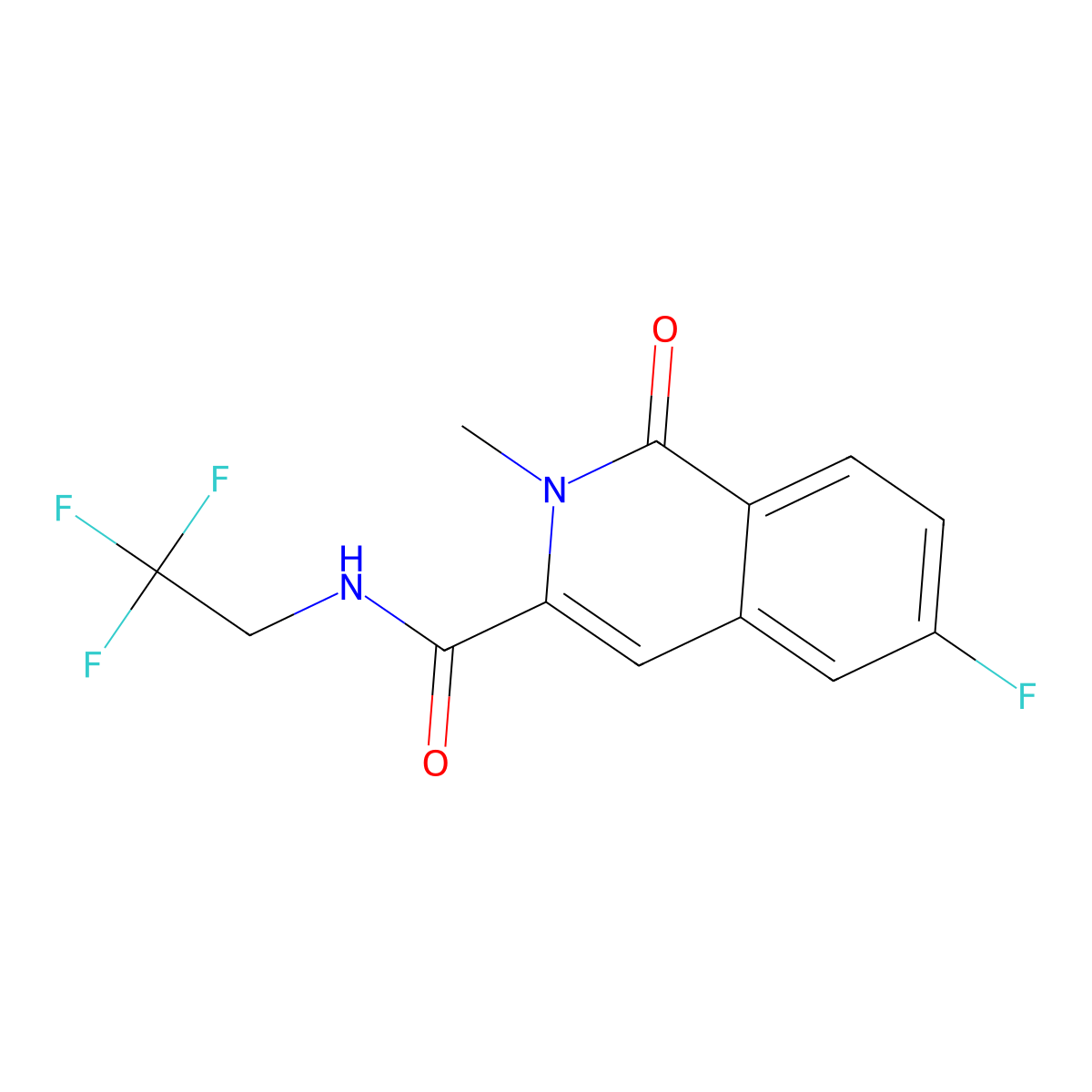 6-fluoro-2-methyl-1-oxo-N-(2,2,2-trifluoroethyl)-1,2-dihydroisoquinoline-3-carboxamide molecular structure, CAS 3054551-93-5