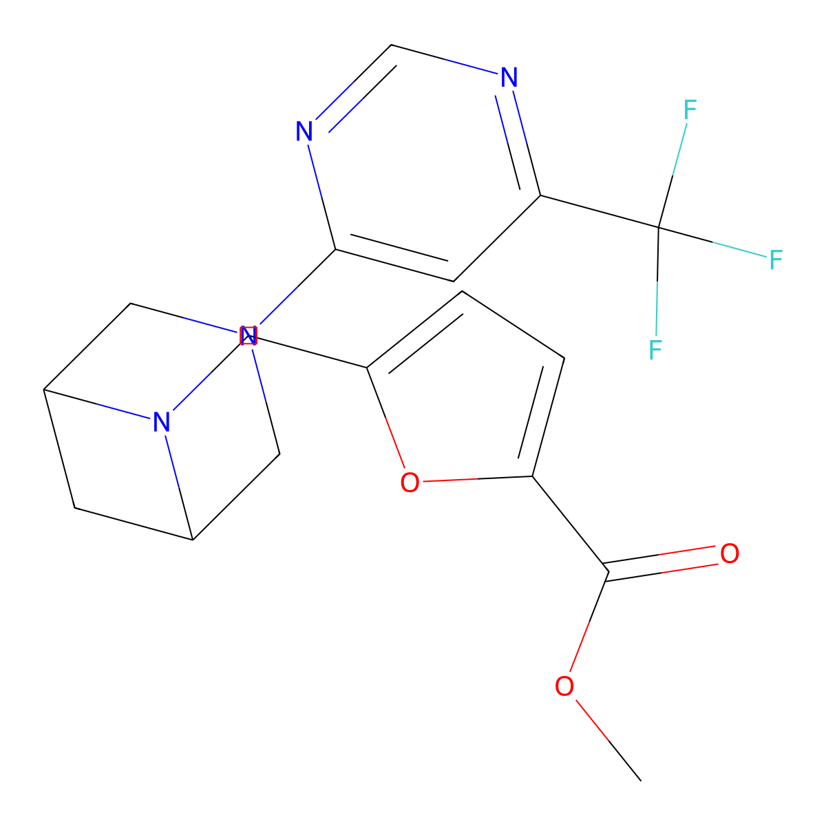 Methyl 5-({3-[6-(trifluoromethyl)pyrimidin-4-yl]-3,6-diazabicyclo[3.1.1]heptan-6-yl}methyl)furan-2-carboxylate molecular structure, CAS 3054552-06-3
