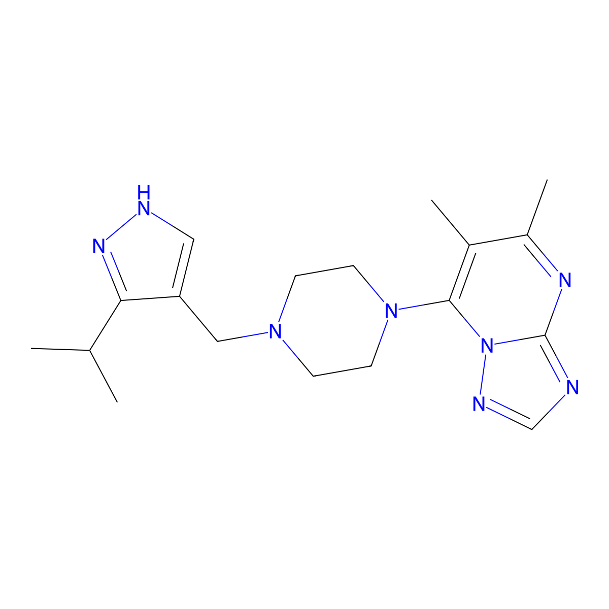 1-{5,6-dimethyl-[1,2,4]triazolo[1,5-a]pyrimidin-7-yl}-4-{[3-(propan-2-yl)-1H-pyrazol-4-yl]methyl}piperazine molecular structure, CAS 3054552-12-1