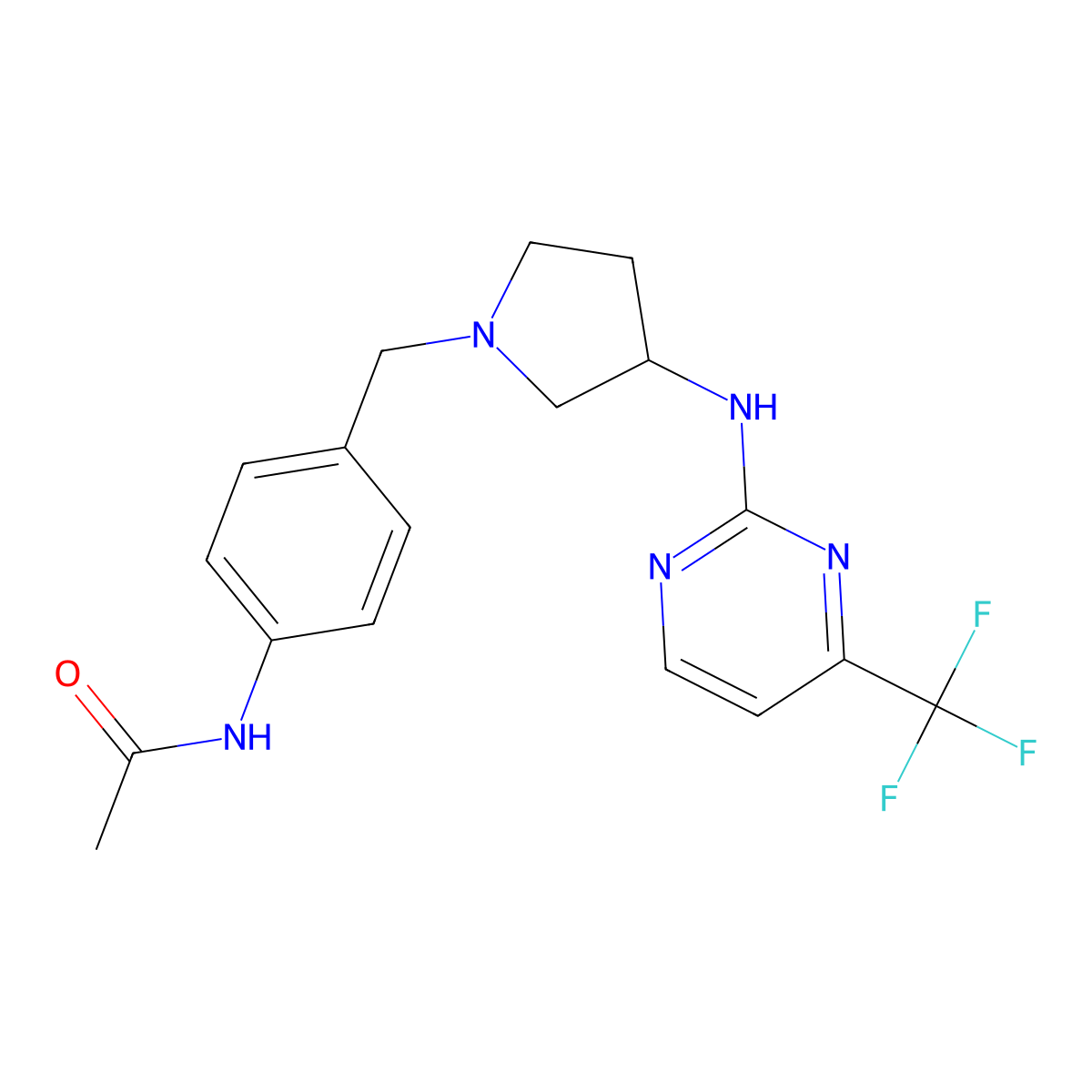N-{4-[(3-{[4-(trifluoromethyl)pyrimidin-2-yl]amino}pyrrolidin-1-yl)methyl]phenyl}acetamide molecular structure, CAS 3054552-15-4