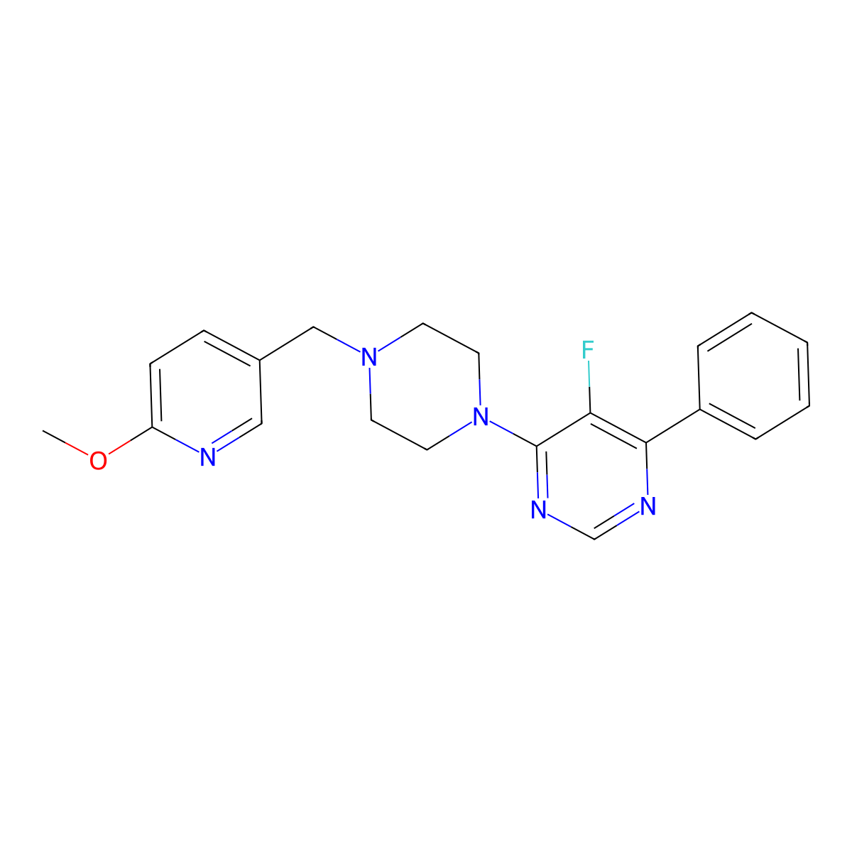 5-Fluoro-4-{4-[(6-methoxypyridin-3-yl)methyl]piperazin-1-yl}-6-phenylpyrimidine molecular structure, CAS 3054552-16-5