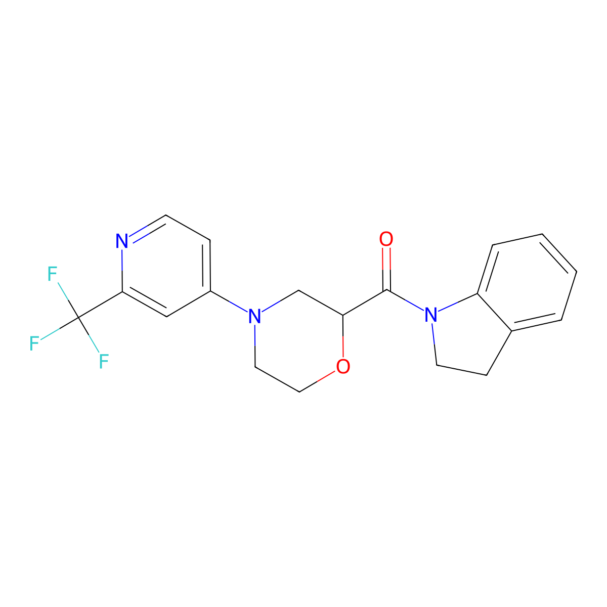 1-{4-[2-(trifluoromethyl)pyridin-4-yl]morpholine-2-carbonyl}-2,3-dihydro-1H-indole molecular structure, CAS 3054552-19-8