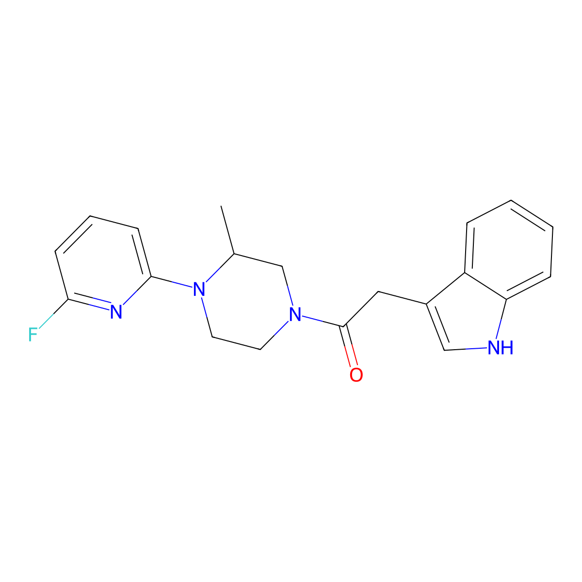 1-[4-(6-fluoropyridin-2-yl)-3-methylpiperazin-1-yl]-2-(1H-indol-3-yl)ethan-1-one molecular structure, CAS 3054552-25-6