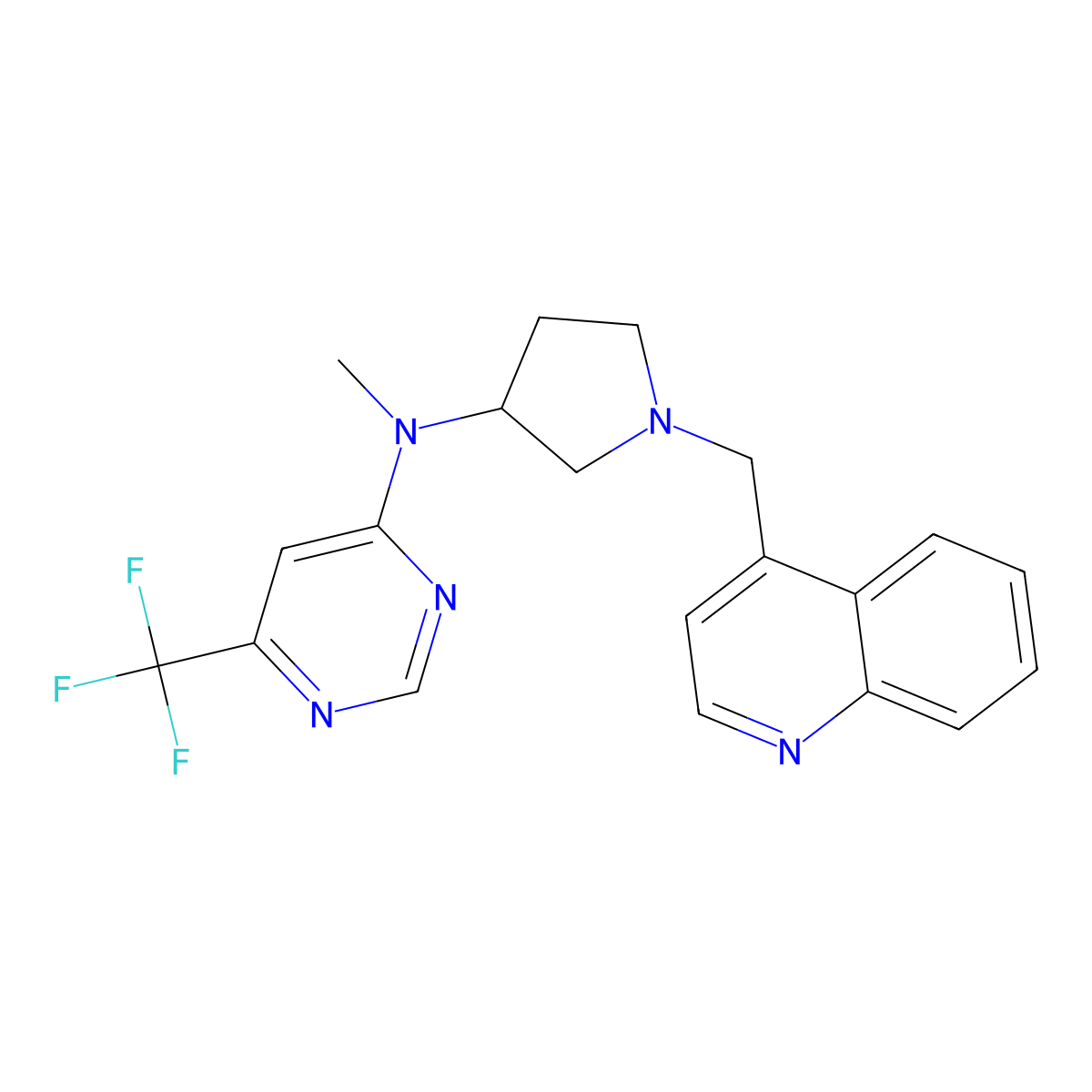 N-methyl-N-{1-[(quinolin-4-yl)methyl]pyrrolidin-3-yl}-6-(trifluoromethyl)pyrimidin-4-amine molecular structure, CAS 3054552-30-3