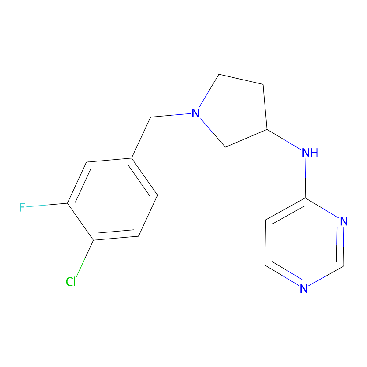 N-{1-[(4-chloro-3-fluorophenyl)methyl]pyrrolidin-3-yl}pyrimidin-4-amine molecular structure, CAS 3054552-35-8