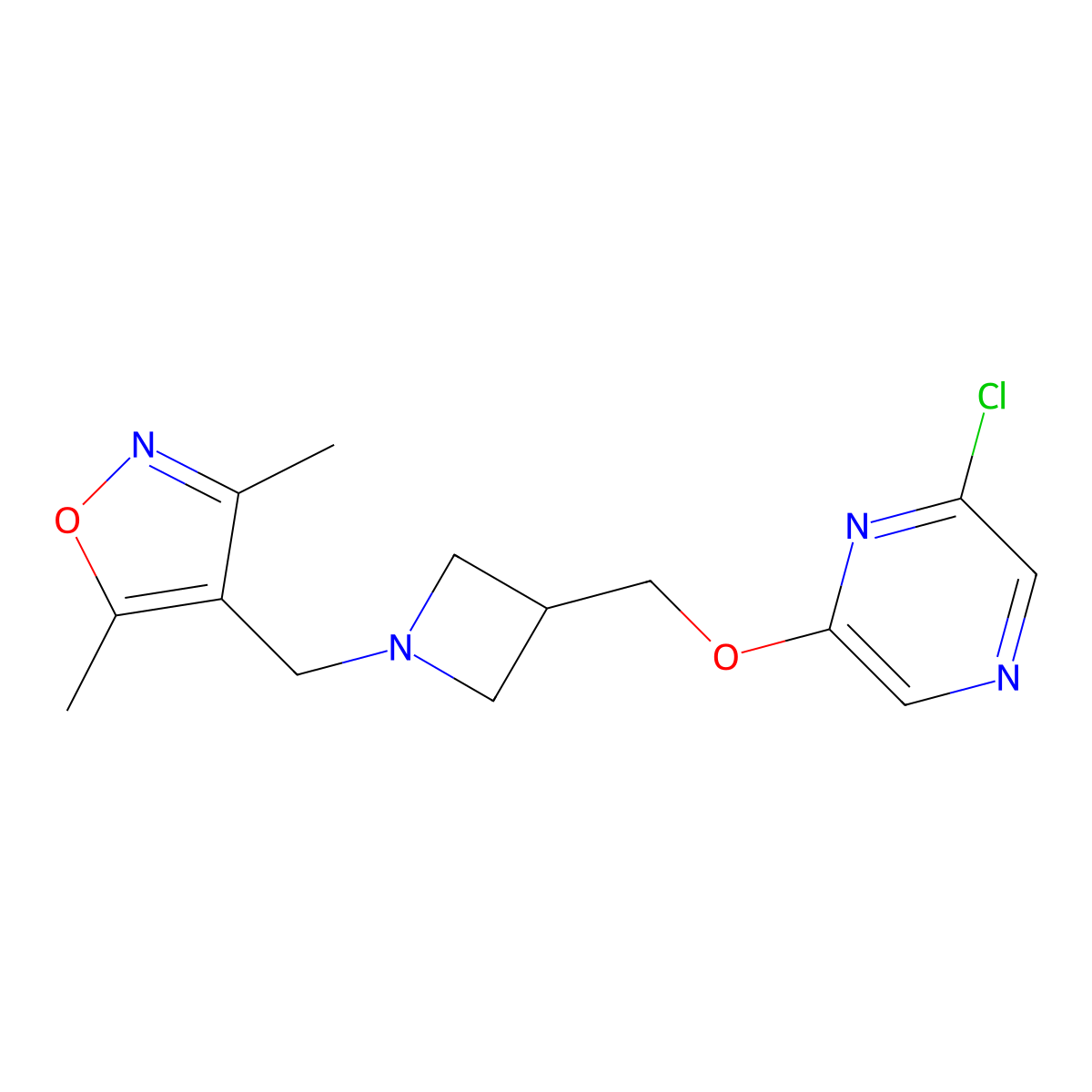 2-Chloro-6-({1-[(3,5-dimethyl-1,2-oxazol-4-yl)methyl]azetidin-3-yl}methoxy)pyrazine molecular structure, CAS 3054552-38-1