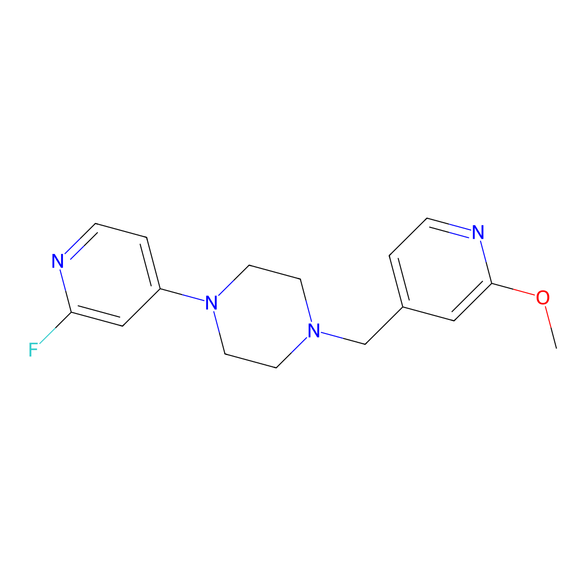 1-(2-Fluoropyridin-4-yl)-4-[(2-methoxypyridin-4-yl)methyl]piperazine molecular structure, CAS 3054552-40-5