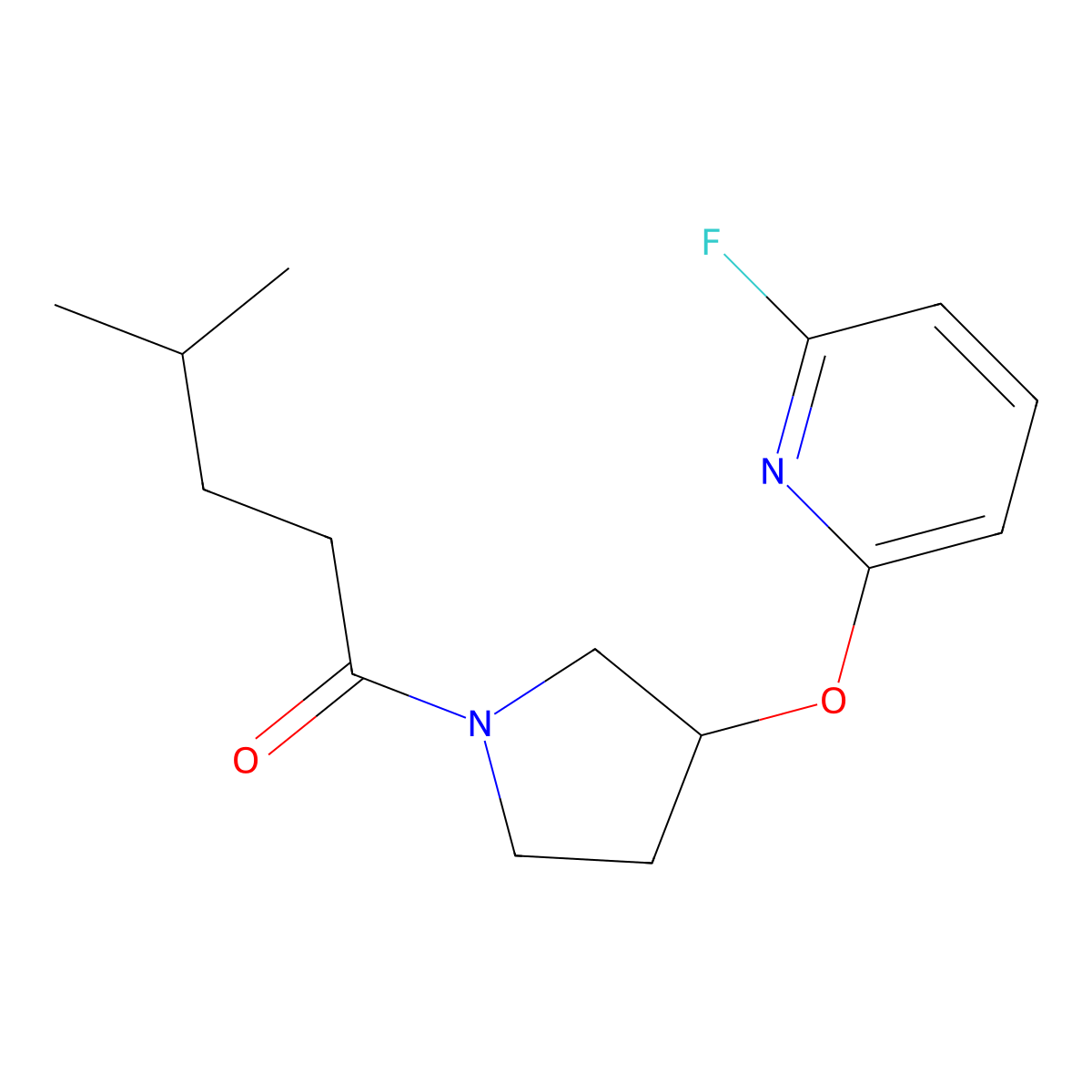 1-{3-[(6-Fluoropyridin-2-yl)oxy]pyrrolidin-1-yl}-4-methylpentan-1-one molecular structure, CAS 3054552-41-6