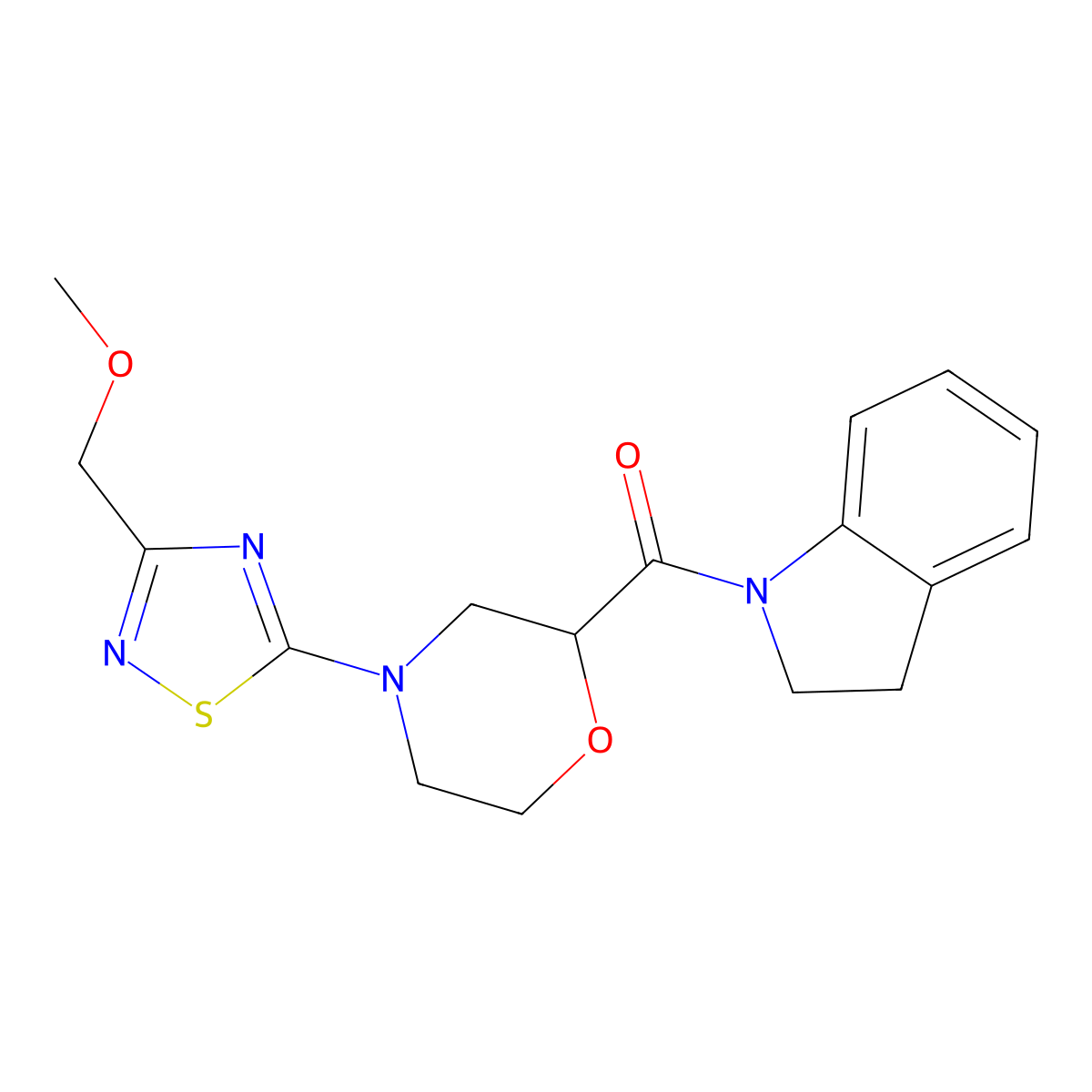 1-{4-[3-(methoxymethyl)-1,2,4-thiadiazol-5-yl]morpholine-2-carbonyl}-2,3-dihydro-1H-indole molecular structure, CAS 3054552-54-1