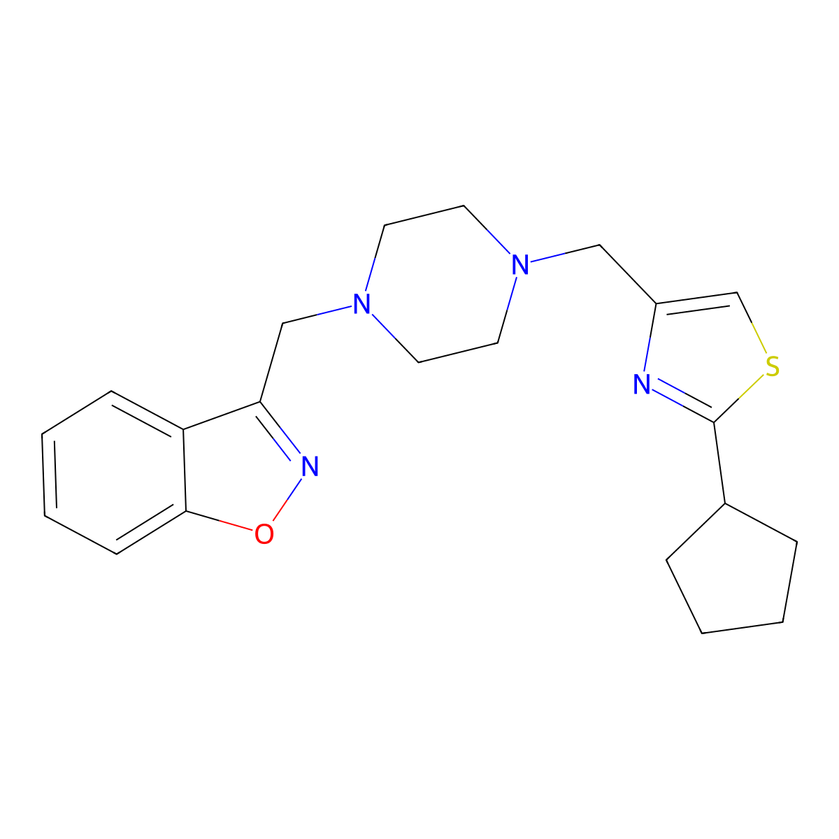 3-({4-[(2-Cyclopentyl-1,3-thiazol-4-yl)methyl]piperazin-1-yl}methyl)-1,2-benzoxazole molecular structure, CAS 3054552-63-2