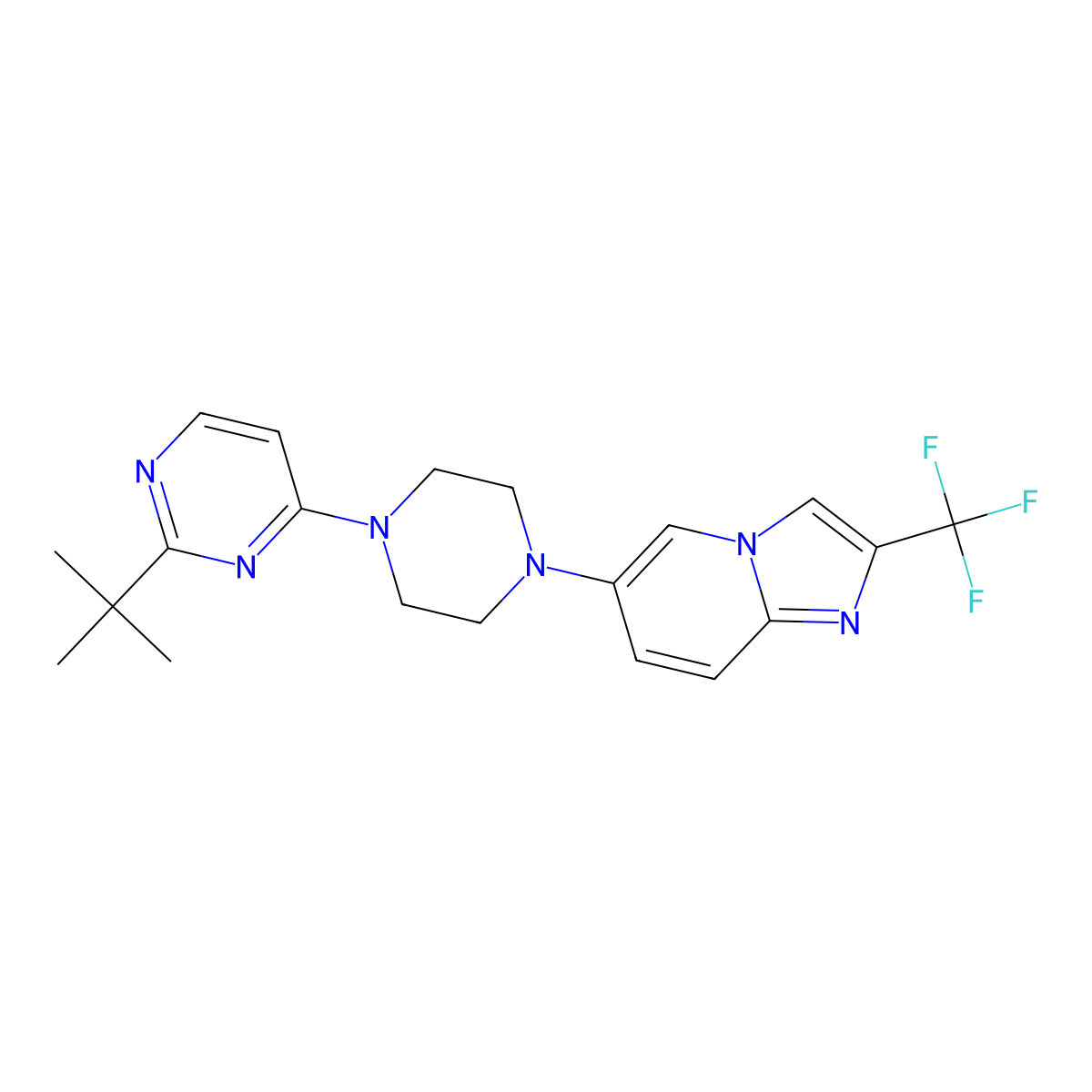 2-Tert-butyl-4-{4-[2-(trifluoromethyl)imidazo[1,2-a]pyridin-6-yl]piperazin-1-yl}pyrimidine molecular structure, CAS 3054552-64-3
