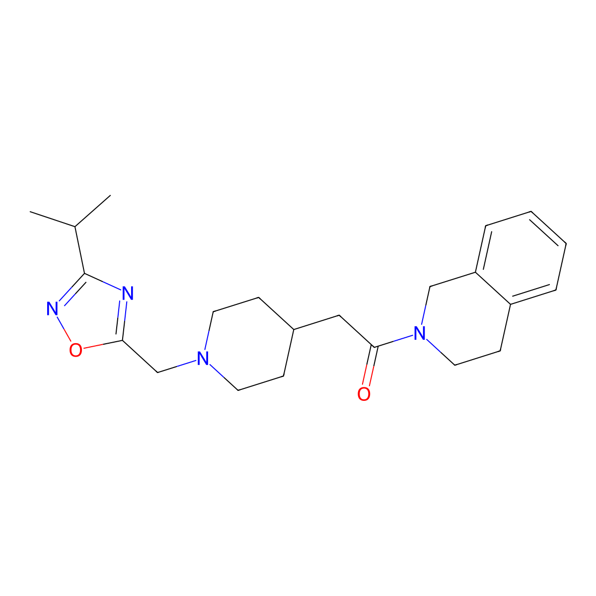 2-(1-{[3-(Propan-2-yl)-1,2,4-oxadiazol-5-yl]methyl}piperidin-4-yl)-1-(1,2,3,4-tetrahydroisoquinolin-2-yl)ethan-1-one molecular structure, CAS 3054552-66-5