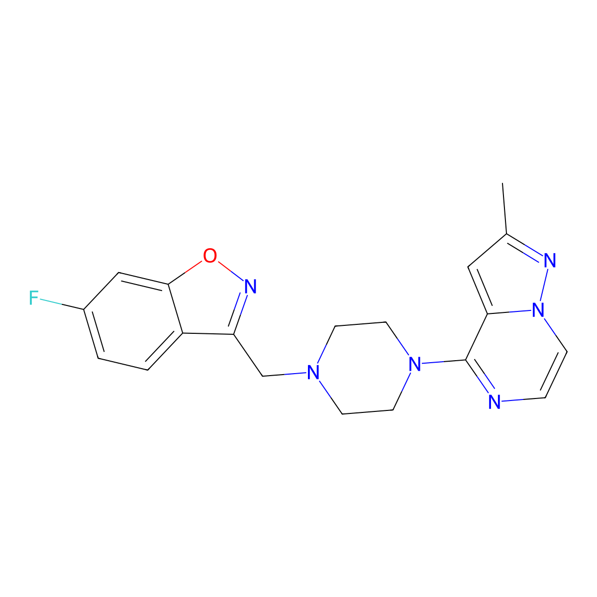 6-Fluoro-3-[(4-{2-methylpyrazolo[1,5-a]pyrazin-4-yl}piperazin-1-yl)methyl]-1,2-benzoxazole molecular structure, CAS 3054552-70-1