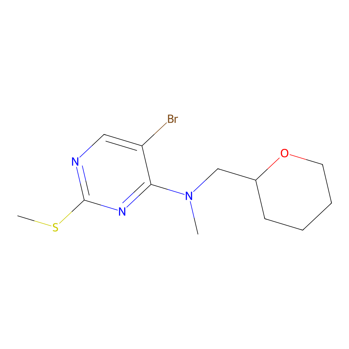 5-bromo-N-methyl-2-(methylsulfanyl)-N-[(oxan-2-yl)methyl]pyrimidin-4-amine molecular structure, CAS 3054552-73-4