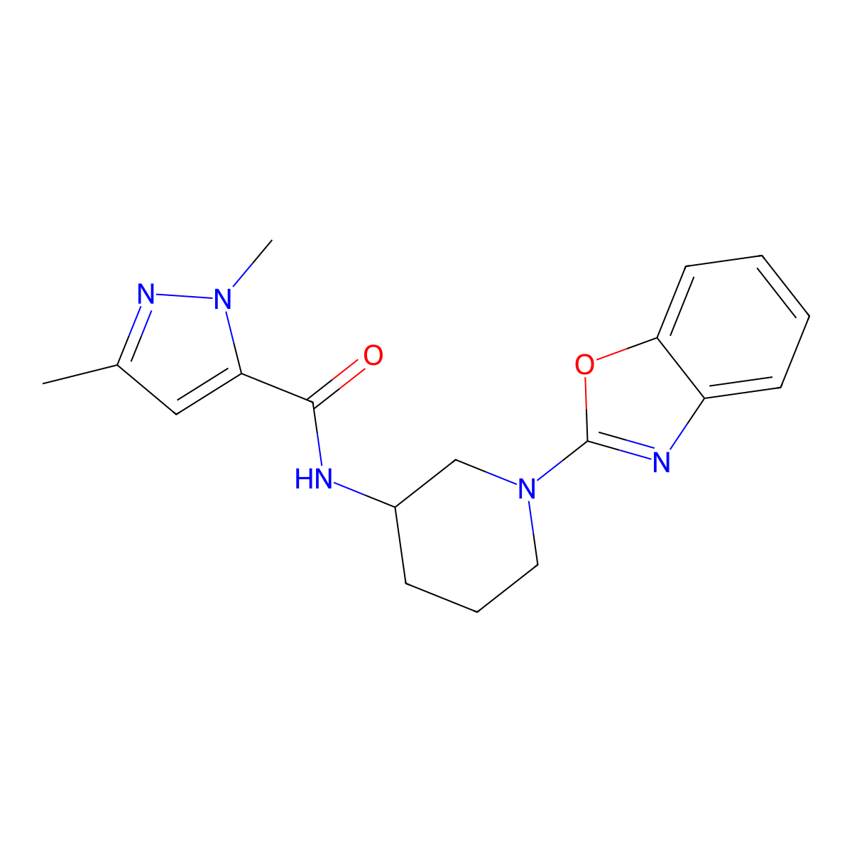N-[1-(1,3-benzoxazol-2-yl)piperidin-3-yl]-1,3-dimethyl-1H-pyrazole-5-carboxamide molecular structure, CAS 3054552-74-5
