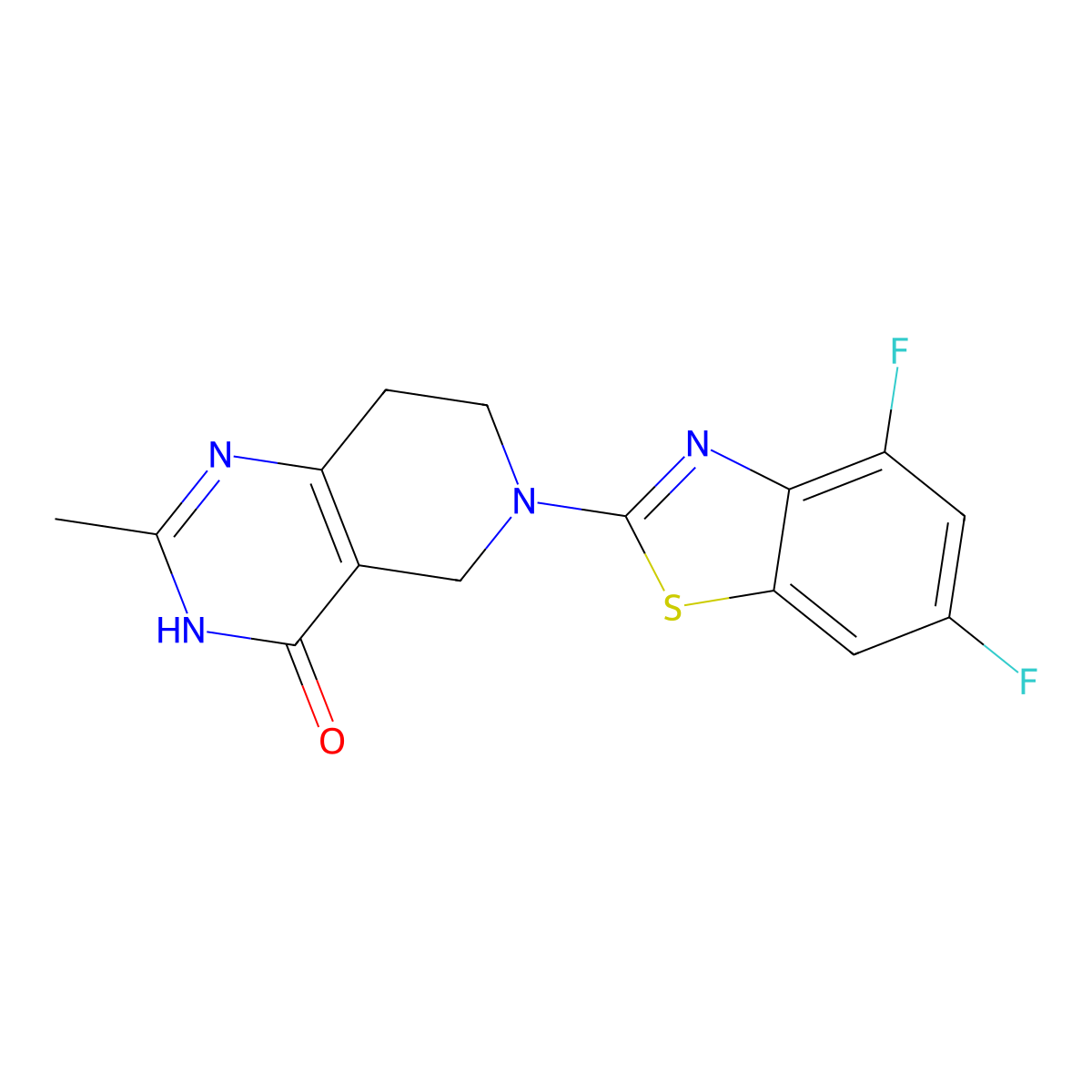 6-(4,6-difluoro-1,3-benzothiazol-2-yl)-2-methyl-3H,4H,5H,6H,7H,8H-pyrido[4,3-d]pyrimidin-4-one molecular structure, CAS 3054552-79-0