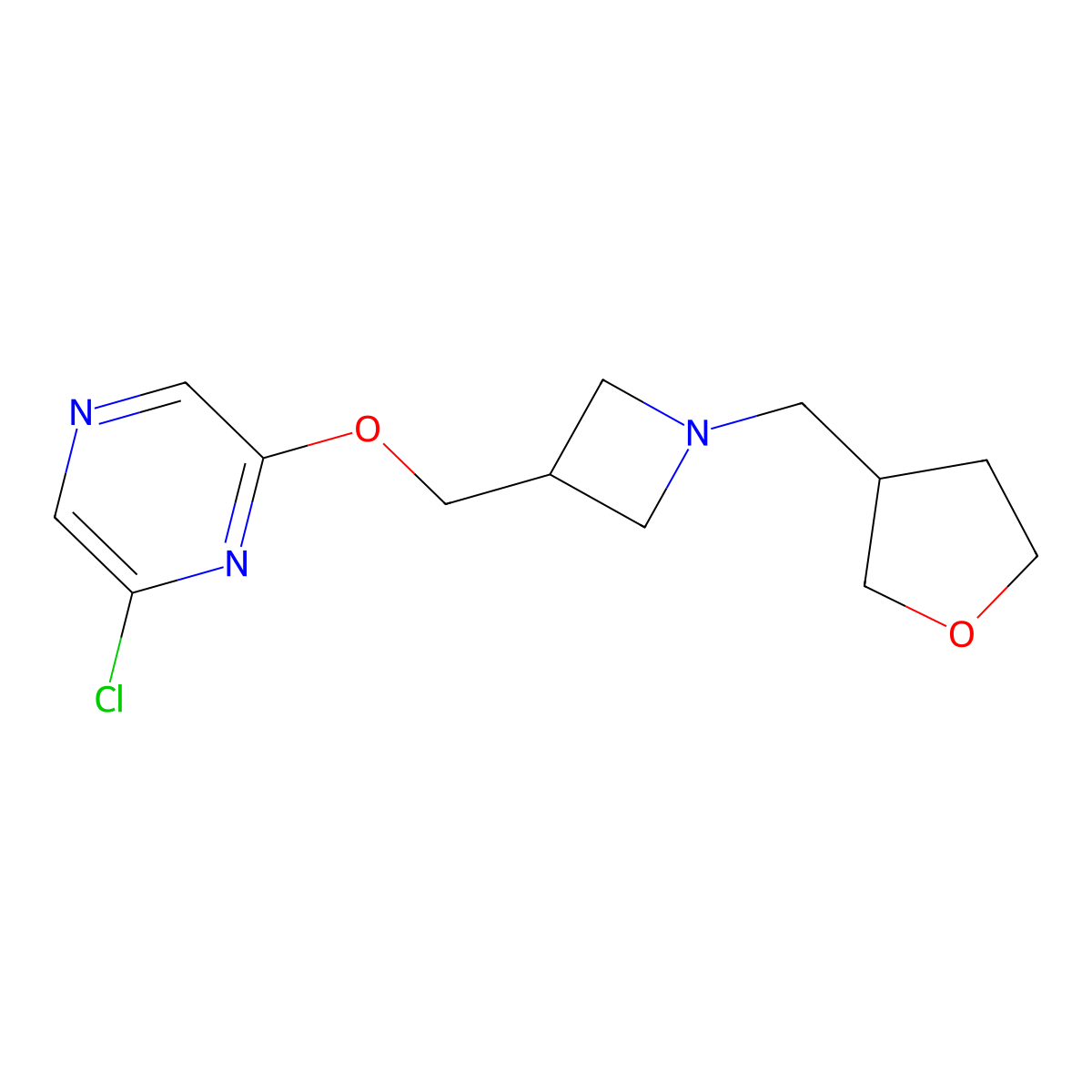 2-Chloro-6-[[1-(oxolan-3-ylmethyl)azetidin-3-yl]methoxy]pyrazine molecular structure, CAS 3054552-81-4