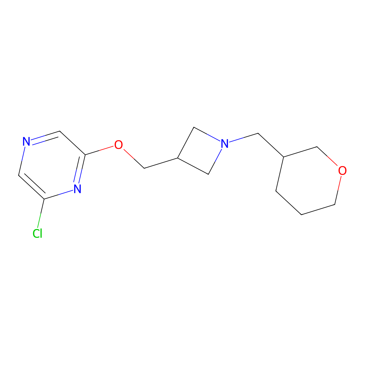 2-Chloro-6-({1-[(oxan-3-yl)methyl]azetidin-3-yl}methoxy)pyrazine molecular structure, CAS 3054552-92-7