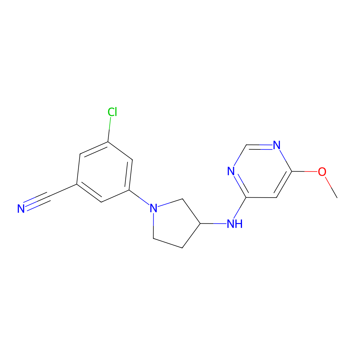 3-Chloro-5-{3-[(6-methoxypyrimidin-4-yl)amino]pyrrolidin-1-yl}benzonitrile molecular structure, CAS 3054552-98-3