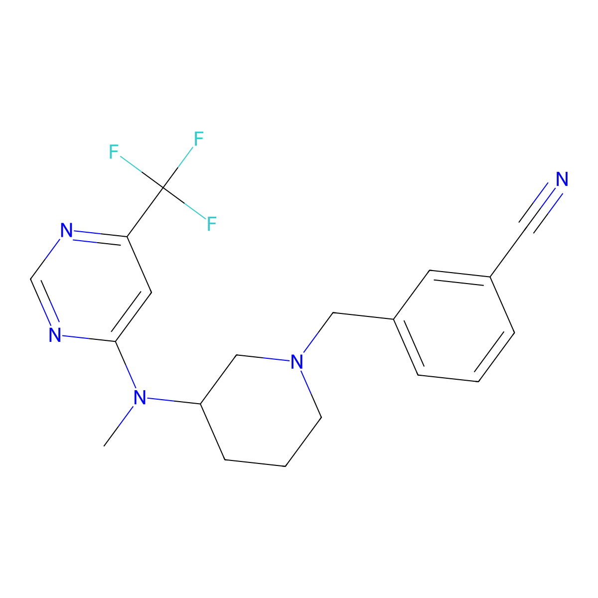 3-[(3-{Methyl[6-(trifluoromethyl)pyrimidin-4-yl]amino}piperidin-1-yl)methyl]benzonitrile molecular structure, CAS 3054553-07-7
