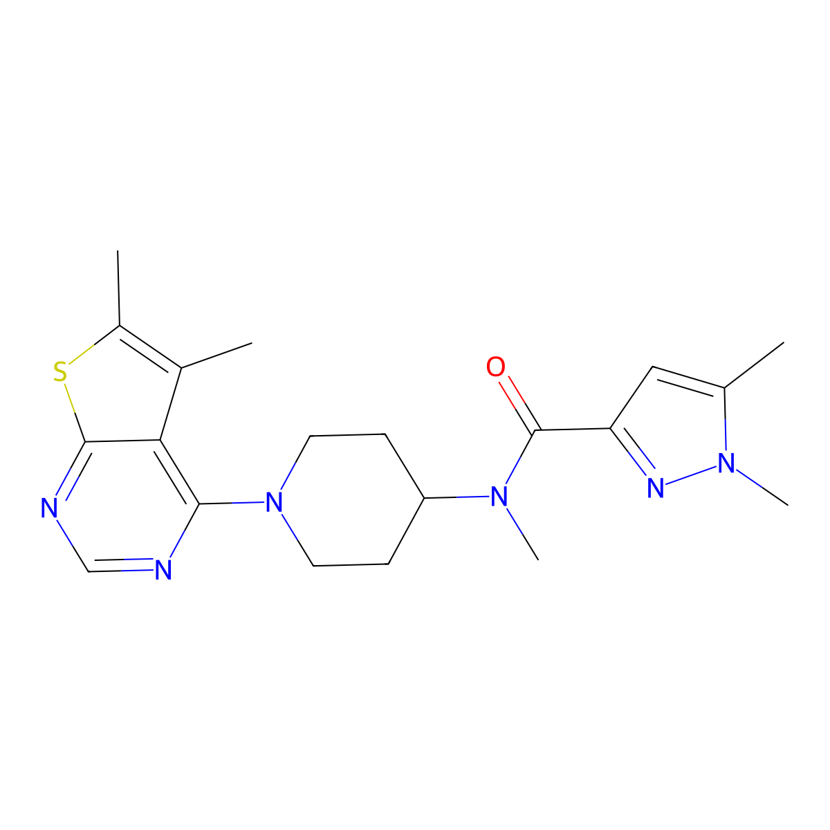 N-(1-{5,6-dimethylthieno[2,3-d]pyrimidin-4-yl}piperidin-4-yl)-N,1,5-trimethyl-1H-pyrazole-3-carboxamide molecular structure, CAS 3054553-08-8