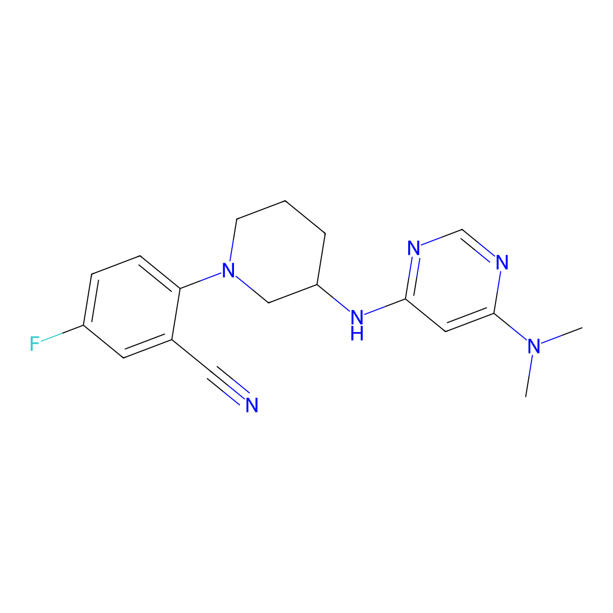 2-(3-{[6-(Dimethylamino)pyrimidin-4-yl]amino}piperidin-1-yl)-5-fluorobenzonitrile molecular structure, CAS 3054553-09-9