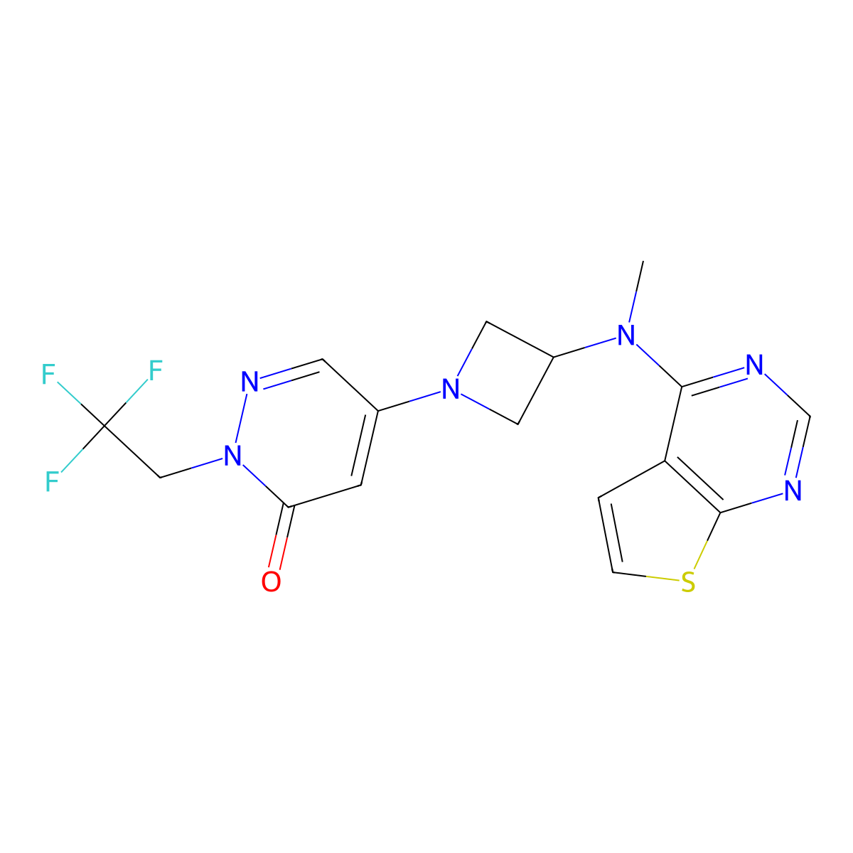 5-{3-[Methyl({thieno[2,3-d]pyrimidin-4-yl})amino]azetidin-1-yl}-2-(2,2,2-trifluoroethyl)-2,3-dihydropyridazin-3-one molecular structure, CAS 3054553-15-7